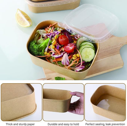 50 Sets 25oz Disposable Kraft Paper Bowls with Lids, Rectangle Paper Food Containers with Lids, Salad Bowls for Hot/Cold Food, Soup, Meal Prep, Ice Cream, Takeout, Party Supplies(750ml)