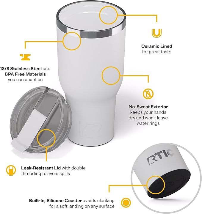 RTIC 40oz Essential Tumbler with Lid, Insulated, Stainless Steel, Metal, Double Wall Vacuum-Insulation, Ceramic Lined, Travel Cup for Iced Coffee, Tea, Hot and Cold Drink, Lavender Glitter