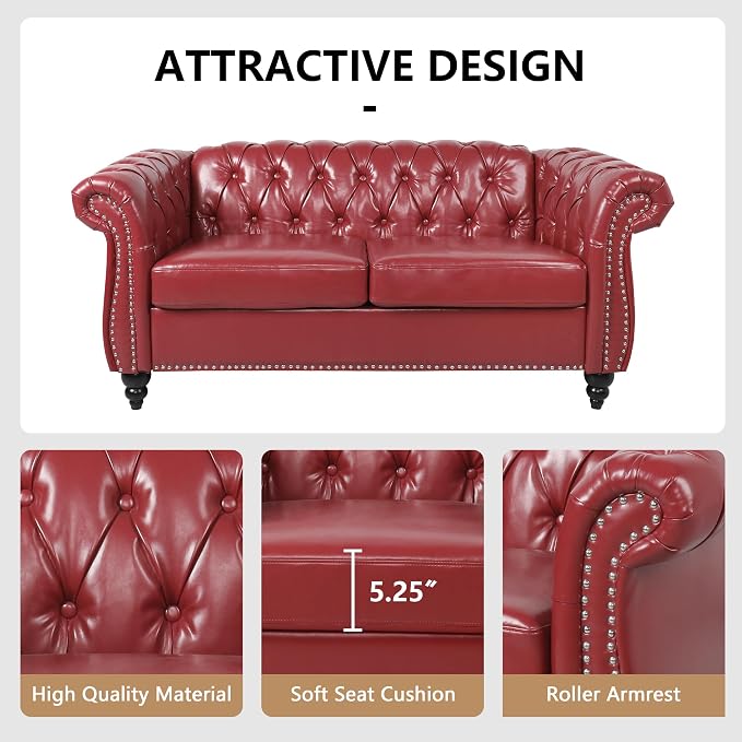 Chesterfield Loveseat Sofa, Modern Leather Small Sofa Couch 2 Seater - Image 6