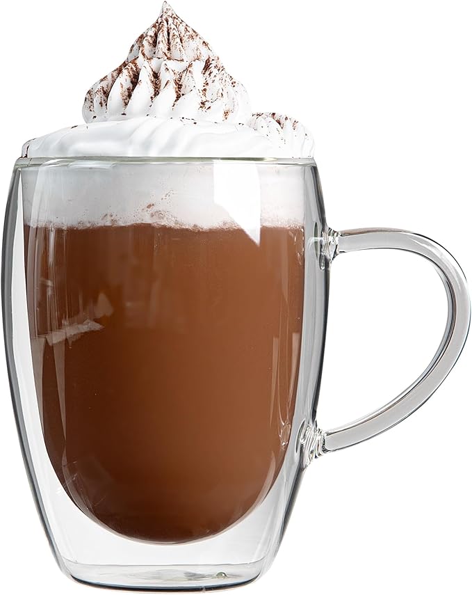 Restaurantware-Forma Professional 11.8 Ounce Glass Coffee Cups, 2 Insulated Coffee Cups With Handle - Dishwashable, Reusable, Clear Double Wall Beverage Tumblers, Freezable, For Hot Or Cold Beverages