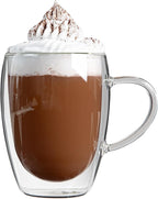 Restaurantware-Forma Professional 11.8 Ounce Glass Coffee Cups, 2 Insulated Coffee Cups With Handle - Dishwashable, Reusable, Clear Double Wall Beverage Tumblers, Freezable, For Hot Or Cold Beverages