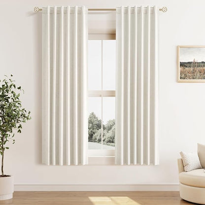 100% Blackout Linen Curtains for Bedroom 63 Inches Long Natural Cream Black Out by Guken
