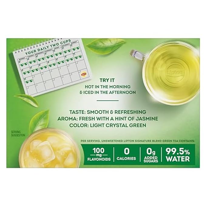 Lipton Signature Blend Green Tea Bags, Unsweetened Teabags for Hot Tea or Iced Tea with Caffeine and Flavonoids, 40 Total Tea Bags