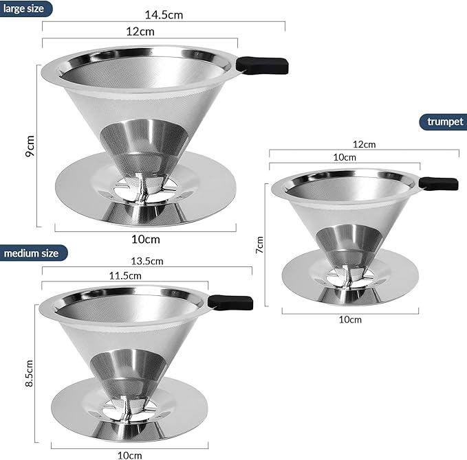 Pour Over Coffee Dripper-Stainless Steel Coffee Filter,Reusable Drip Cone Coffee Filter Portable Pour for 1-4 Cup (With Base, L)