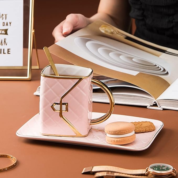 YnsfreeCeramic Purse Coffee Mugs Set Tea Cup Unique Bag shaped mug and Saucer Set with Spoon and Saucer For Women Thanksgiving Christmas Gifts (Pink)