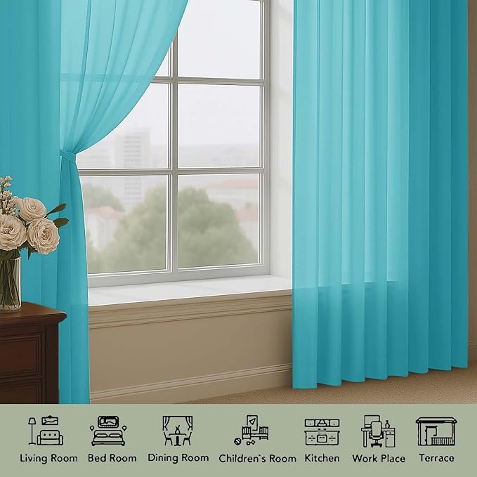 Turquoise Sheer Curtains 72 Inches Long 2 Panels Set, Transparent Voile Sheer - Image 3