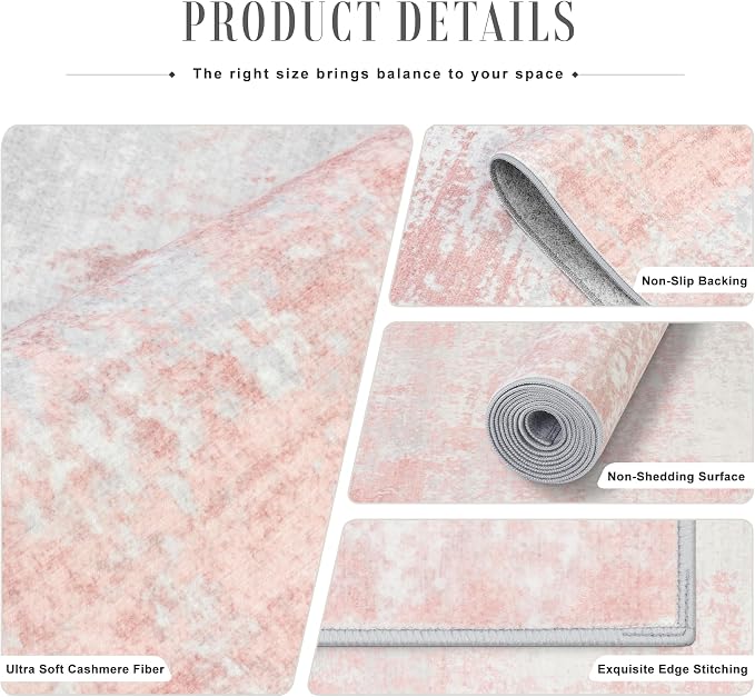 2x6 Washable Runner Rug：Modern Abstract Soft Carpet Pink White | - Image 5