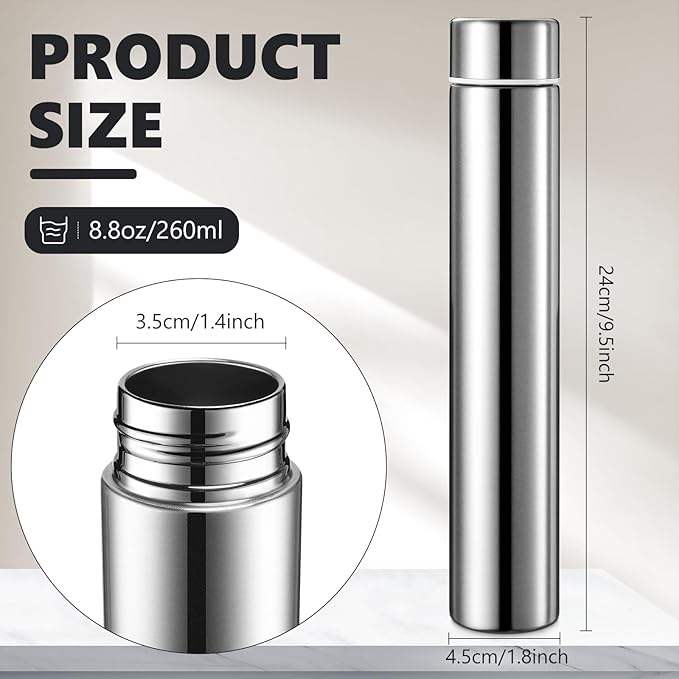 Vesici Slim Water Bottle 8.8 oz Small Stainless Steel Purse Compact Insulated Water Bottles Camping Travel Backpack Pocket Flask for Car Cold Coffee Tea(Silver,2 Pack)
