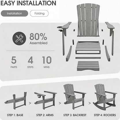 Adirondack Rocking Chair with Retractable Ottoman, Outdoor Folding Adirondack - Image 7