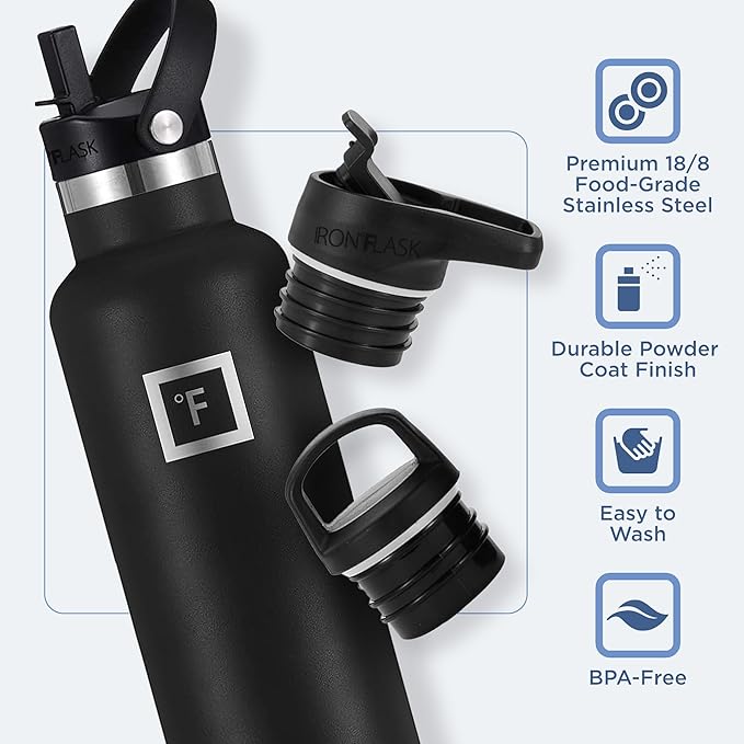 IRON °FLASK Camping & Hiking Hydration Canteens - 3 Lids (Narrow Straw Lid) Leak Proof Vacuum Insulated Stainless Steel - Hot & Cold Double Walled Sports Water Bottle - Winter White, 24 Oz