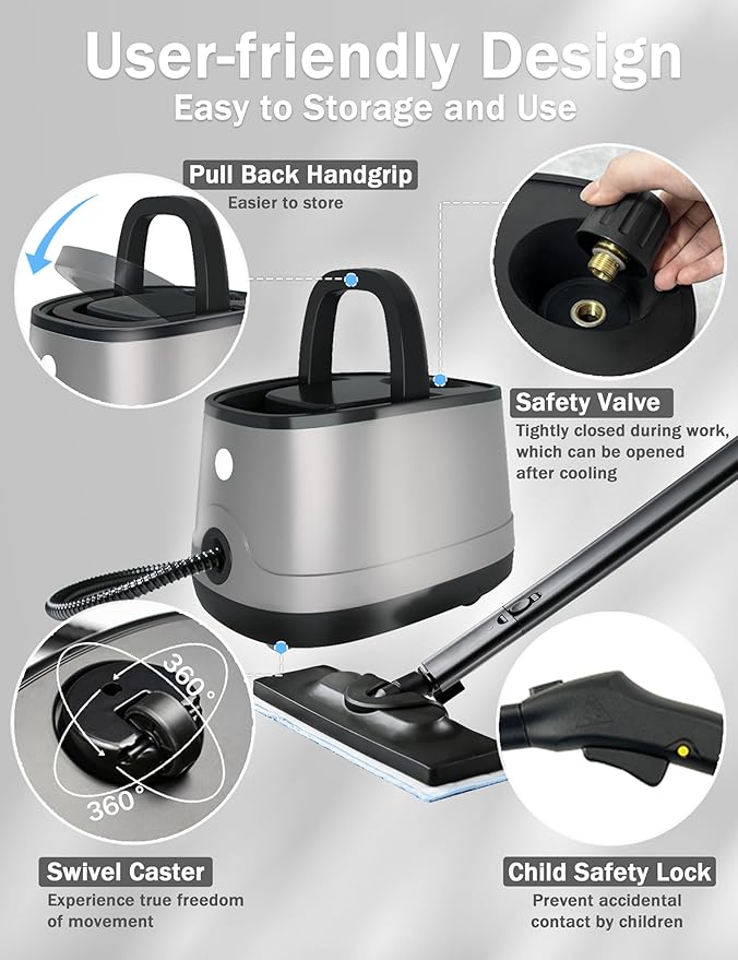 Steam Cleaner for Home, Xyloset Powerful Multipurpose Portable Steamer for Floors, Cars,Tiles, Home Use, 5 Mins Quick Heating, 1.5L Capacity, 20 Acc., Heavy Duty Steam Cleaner Carpet and Upholstery