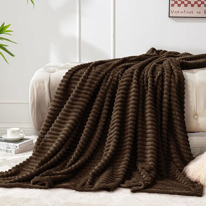BEDELITE 3D Ribbed Dark Brown Fleece Throw Blanket - Image 2