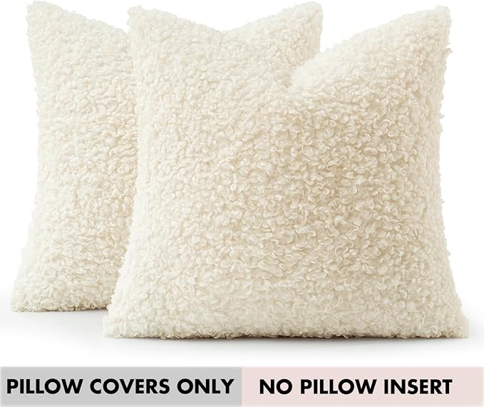 Faux Fur Throw Pillow Covers 20x20 Inch Set of 2 Boucle Neutral Decorative - Image 9