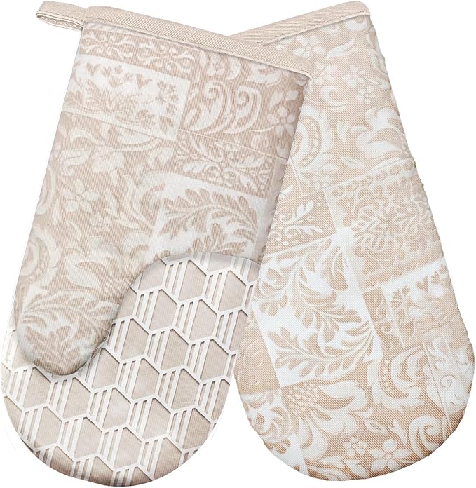 Thumb Oven Mitts, Heat and Slip Resistant Silicone Kitchen Mittens 2-Pack Set, Khaki Patchwork Flower Soft Long Oven Gloves, Flexible Thick Potholders for Safe Baking Cooking and Grill(Khaki)