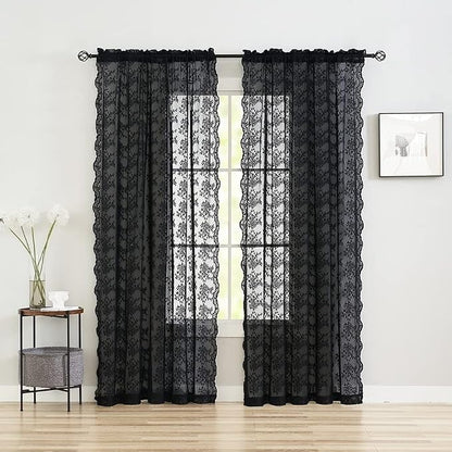 YJ YANJUN Vintage Lace Curtains 72 inch Length Goth Black Floral Sheer - Image 2