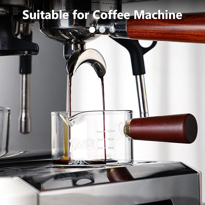 Espresso Shot Glasses with Wood Handle, 120ml Glass Coffee Bean Dosing Cup with Spout,Clear Espresso Measuring Cup Glass for Barista Coffee Measure (Single Spout)