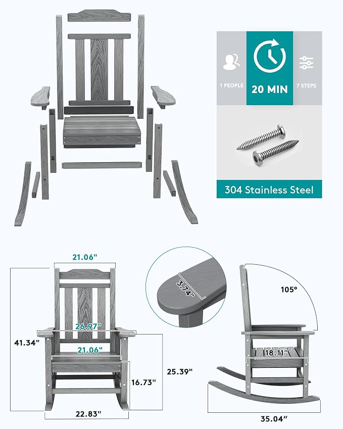 SERWALL Oversized Outdoor Rocking Chair Set of 2, All Weather Patio Rocking - Image 5