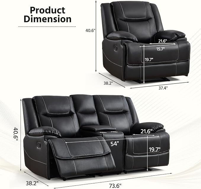 ANJ Premium Genuine Manual Reclining Sofa Set, Included Recliner Chair Set of 2 - Image 2