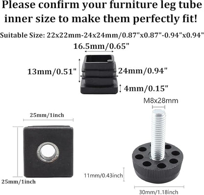 8Pcs Adjustable Leveling Feet 25 x 25mm Square Insert Kit Furniture Glide - Image 2