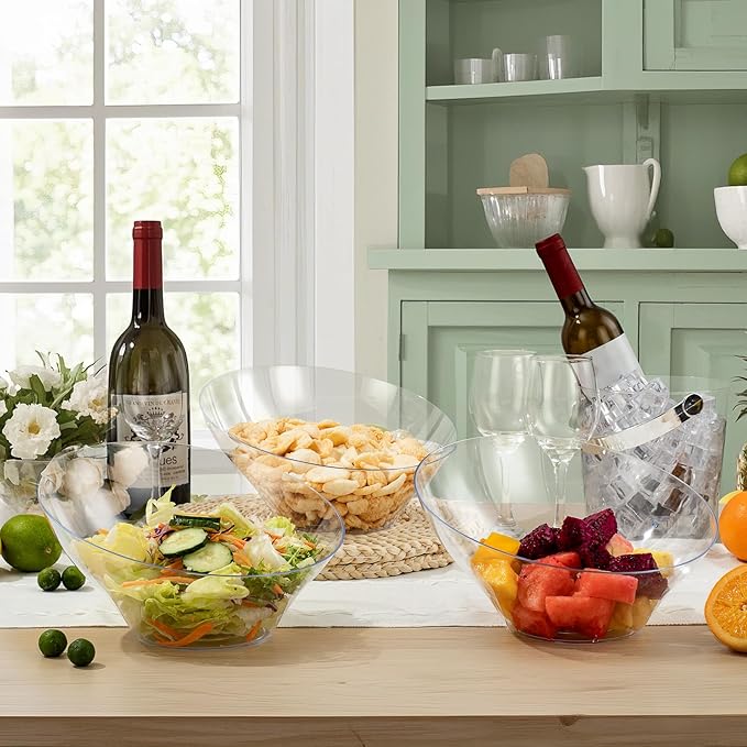 BESTVIP 54oz Clear Plastic Serving Bowls for Party - 12 Pack Angled Disposable Serving Bowls, Party for Chips, Snacks, Fruit, Salad - Bowls for Parties, Daily Use, Catering, Christmas
