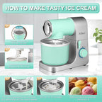 Aifeel Stand Mixer,6.5QT Kitchen Electric Mixer with 2QT Ice Cream Maker Bowl, 6 in 1 Multifunctional Bread Dough Mixer with Dough Hook,Whisk & Beater, Food Mixer for Baking (Green-Silver)