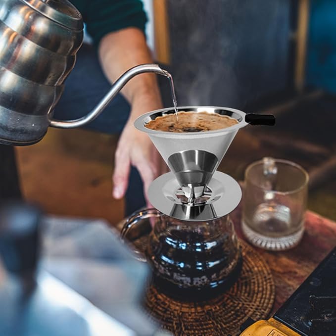 Pour Over Coffee Dripper-Stainless Steel Coffee Filter,Reusable Drip Cone Coffee Filter Portable Pour for 1-4 Cup (With Base, S)