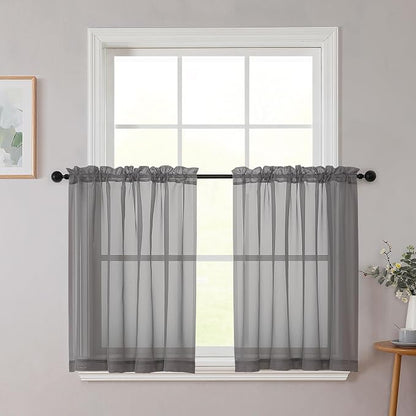 Grey Kitchen Curtains 30 Inch Length Tier 2 PCS, Solid Soft Half Curtains by WelvetBLK