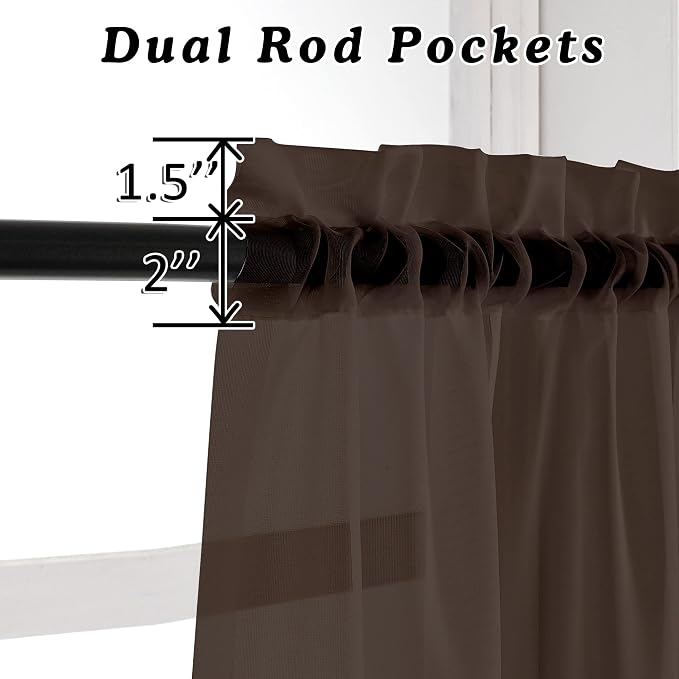 Brown Sheer Curtains 36 inches Long, Short Kitchen Window Treatment Solid - Image 2