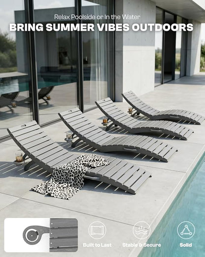 Folding HDPE Pool Lounge Chairs Set of 4, Pre-Assembled Outdoor Chaise Lounge - Image 6