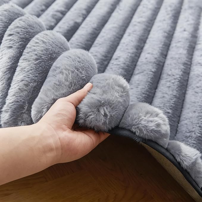 Blue Grey Rabbit Striped Plush Rug 3'x5', Fluffy Shaggy Area Rug - Image 3