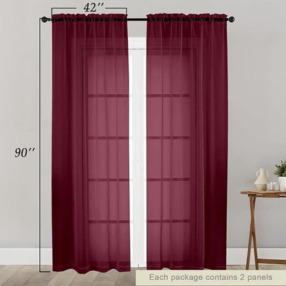 Sheer Burgundy Curtains for Bedroom Living Room 90 Inches Long 2 Panels Set - Image 2