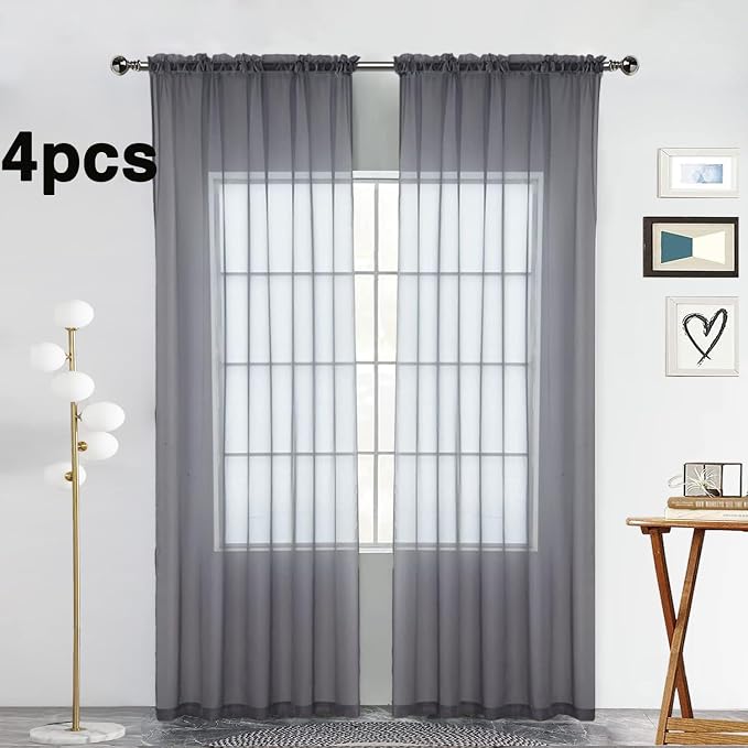SpaceDresser Grey Sheer Curtains 4 Panels Rod Pocket Semi-Sheer Curtain 63 - Image 2