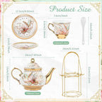 Zhehao 20 Pcs Porcelain Tea Set with Metal Holder and Spoon Adult Ceramic Tea Party Set European Flower Painting Teapot Cup Saucer Spoon Set for Women, Large Version(Traditional Style)