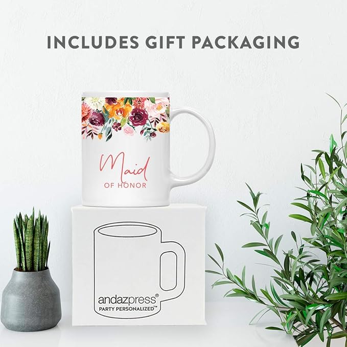 Andaz Press 11oz. Wedding Ceramic Coffee Tea Mug Gift, Fall Autumn Burgundy Orange Peach Flowers Roses Florals, Maid of Honor, 1-Pack, Includes Gift Box