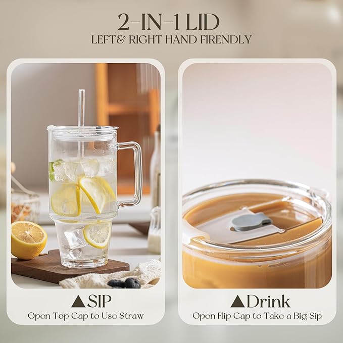 KEMORELA Glass Cups with Lids and Straws 2PCS, 24oz Clear Tumblers with Handle, Reusable Drinking Glasses for Iced Coffee, Tea, Water, Leak Proof Lid, Dishwasher Safe