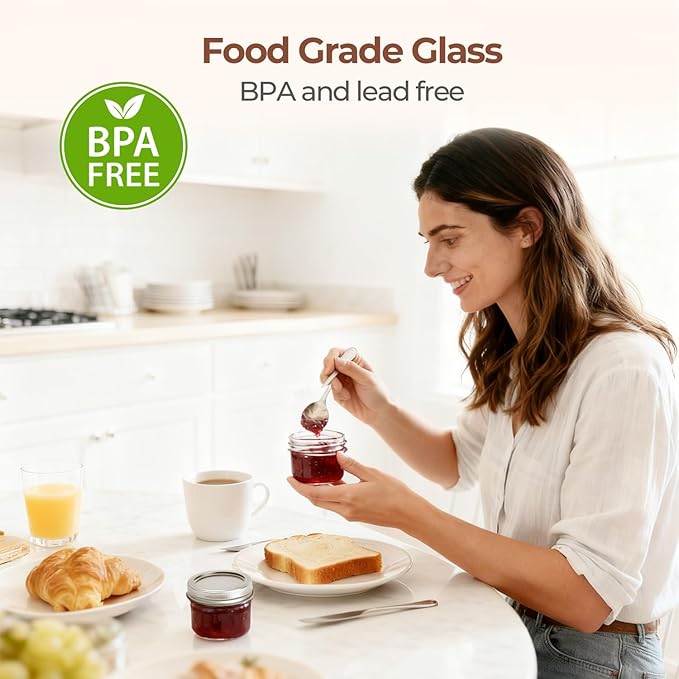 ComSaf Small Regular Mouth Mason Jars 4 oz, 24 Pcs Mini Mason Containers, Small Canning Jars, 4 oz Glass Jar with Lids for Mustards, Dipping Sauces, Jelly, DIY Candle Decor, Wedding Shower Favors