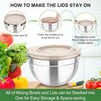 TeamFar Mixing Bowls with Airtight Lids, 5PCS Stainless Steel Metal Salad Bowl with 3 Grater Attachments, for Cooking, Prepping, Serving, Healthy & Easy Clean - 0.7/1/1.5/2.6/4.6QT, Khaki