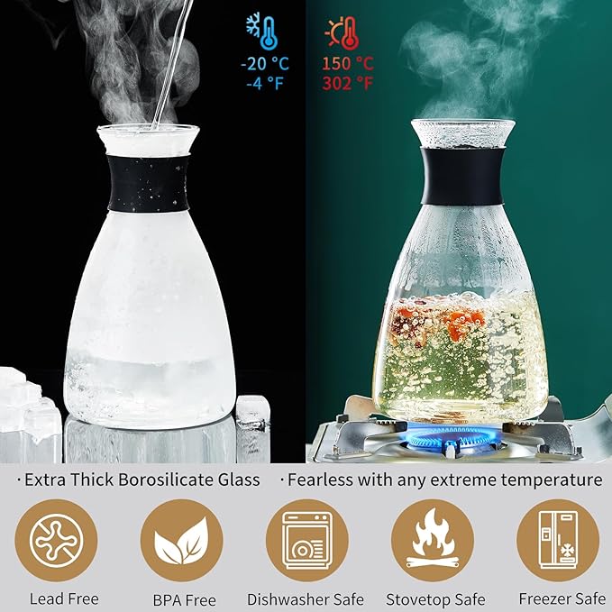 Glass Pitcher with Lid and Spout, 42OZ, Glass Water Jug for Fridge, Glass Carafe with Lid for Hot/Cold Water, Large Pitcher for Coffee, Juice,Homemade Iced Tea Beverage 1250ML