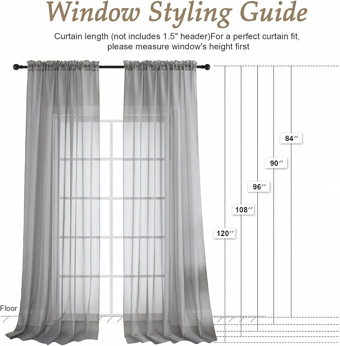 Sheer Charcoal Grey Curtains 108 Inches Long 2 Panels Set, 59 Inch Extra Wide - Image 2