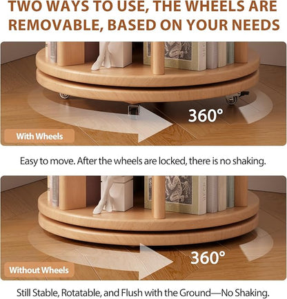 Muwuele Solid Wood Rotating Bookshelf on Wheels, 4 Tier, Round Revolving - Image 5