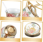 Zhehao 20 Pcs Porcelain Tea Set with Metal Holder and Spoon Adult Ceramic Tea Party Set European Flower Painting Teapot Cup Saucer Spoon Set for Women, Large Version(Bright Style)