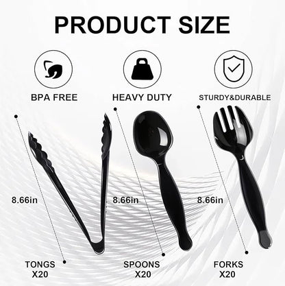 60 Pcs Disposable Black Plastic Serving Utensils,20 Set Including 9" Plastic Serving Spoons, Forks and Tongs for Dinner Parties, Buffets,Banquets, Events, Weddings, and Daily Use