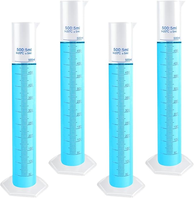 4 Packs 500ml Plastic Graduated Cylinder,Transparent Measuring Cylinder Set with Pour Spout, 2-Sided Making Plastic Lab Test Tube for Science Projects, Laboratory Supplies
