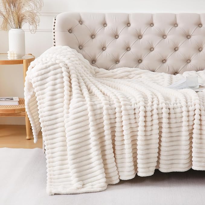 Cream White Throw Blanket for Couch Sofa 60x80 inches Striped Design | Fleece - Image 2