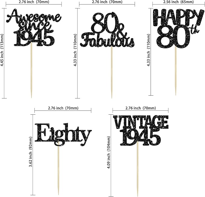 Gyufise 30 Pack Vintage 1945 Cupcake Toppers Glitter Cheers to 80 Fabulous Eighty Cupcake Picks 80th Birthday Wedding Anniversary Party Cake Decorations Supplies Black
