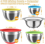 Mixing Bowls with Airtight Lids Set, 4 Stainless Steel Bowls Nesting Bowls & Colander, Kitchen Organizers and Storage Non-Slip Bottom, Size 1.5/2.0/2.5/4.5QT, Great for Mixing & Serving, Multicolor