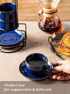 Gomakren 6 Ounce Cappuccino Cups with Saucers and Metal Stand, Stackable Coffee Cup Set of 4, Porcelain Espresso Cups for Coffee Drinks, Cappuccino, Latte, Americano, Tea, Cobalt Blue
