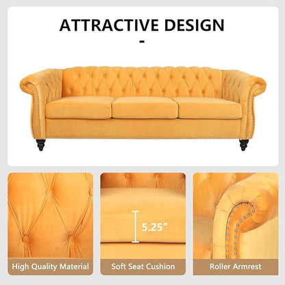 Mid-Century 3 Seater Sofa, Velvet Couch - Image 5