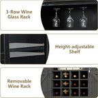 55 Inch Farmhouse Coffee Bar Cabinet with 3-Tier Storage, Kitchen Hutch with 12 Wine Racks & 3 Glass Holders, Coffee Bar with 6 Hooks, Wine Bar Cabinet for Dining Living Room, Black