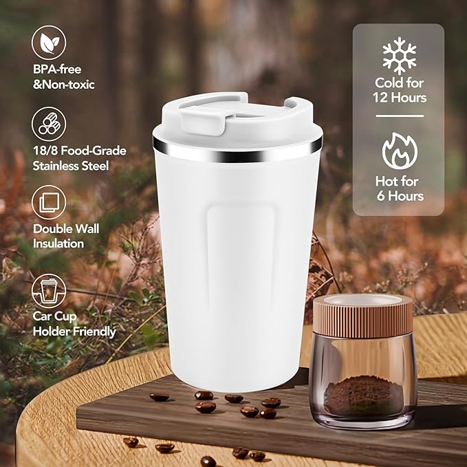Volhoply 12 oz Double Wall Insulated Vacuum Travel Coffee Mug with Flip Lid,Reusable Stainless Steel Leak Proof Coffee Cup,Portable Iced Cafe Thermal Tumbler Suitable for Hot&Cold Drinks(White,1 Set)